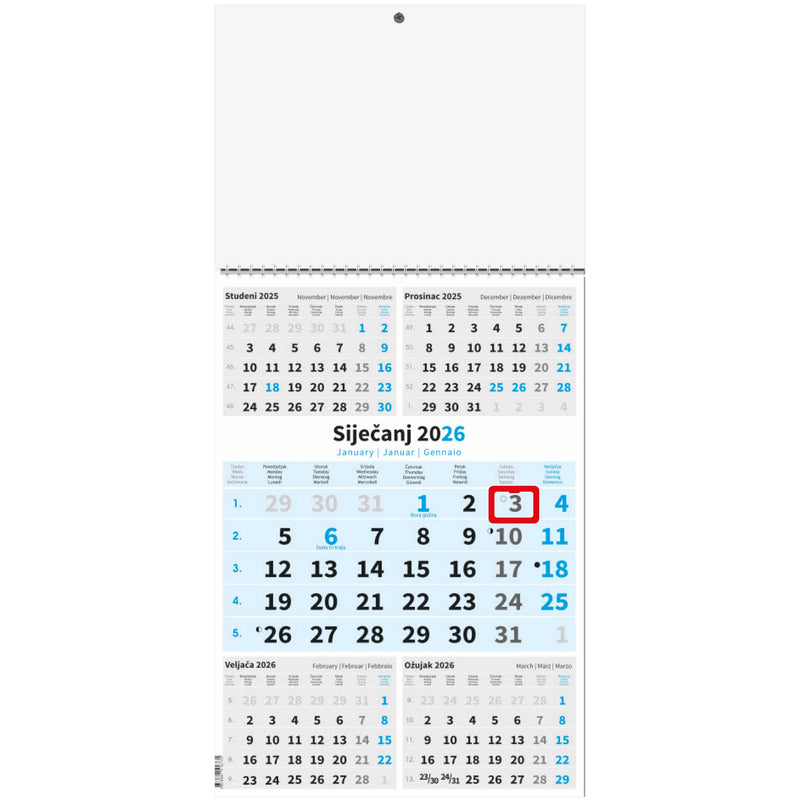 Zidni trodijelni kalendar s 5 mjeseci