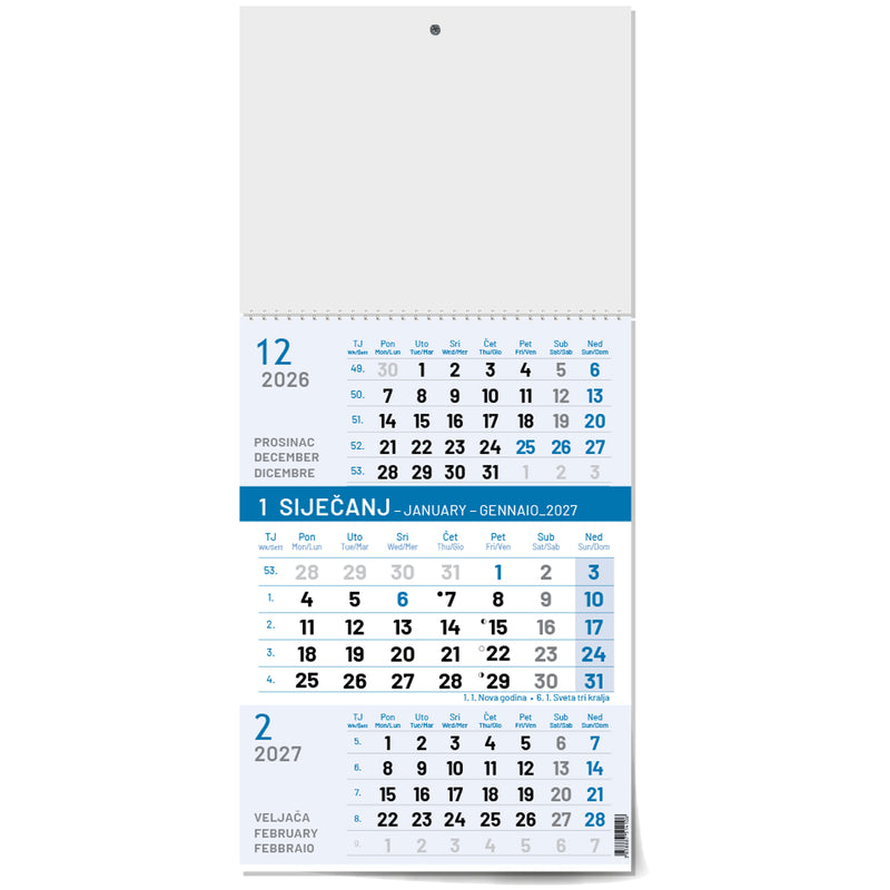 Kalendar zidni trodijelni tromjesečni