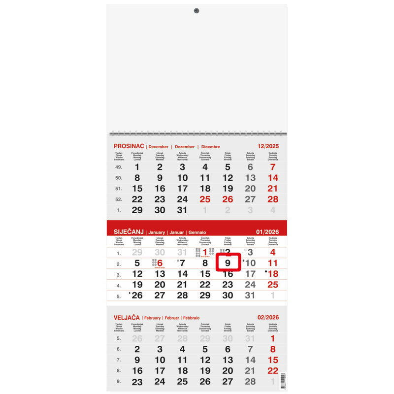Zidni trodijelni kalendar sivo-crveni