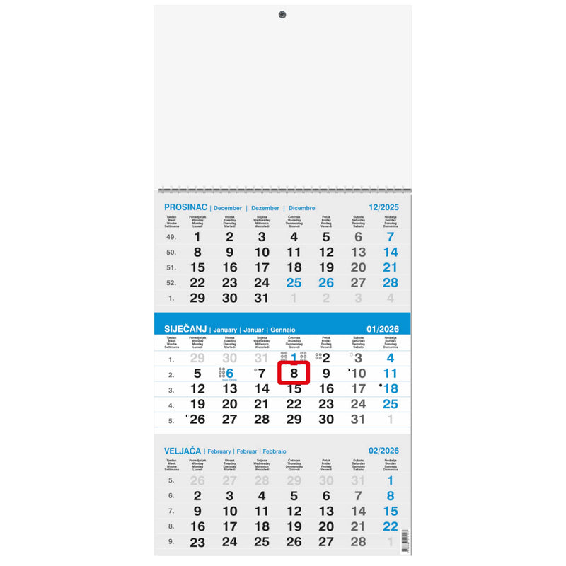 Zidni trodijelni kalendar plavo-sivi