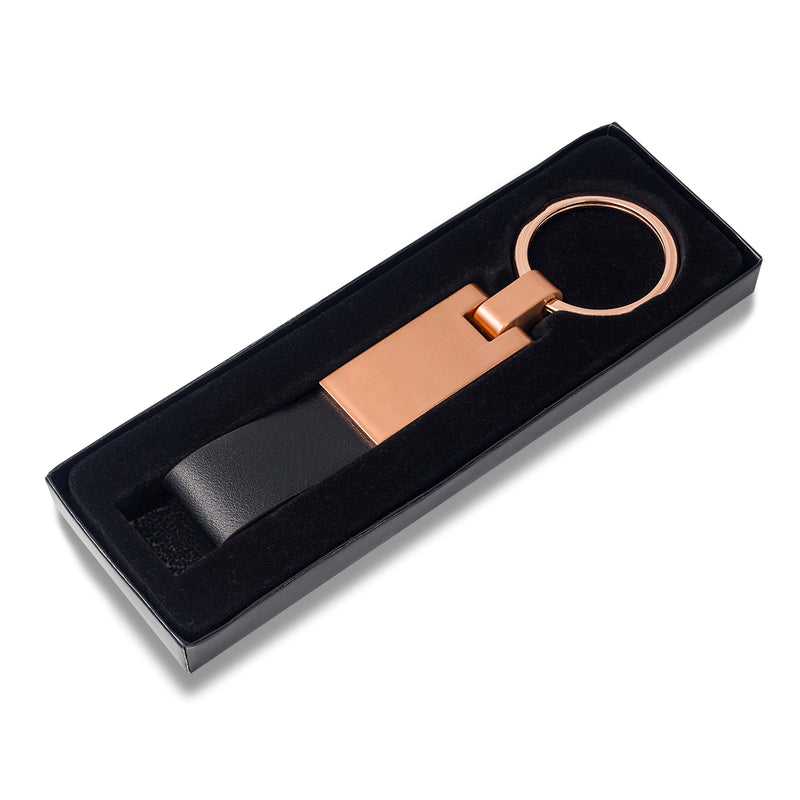 Promotivni metalni rose gold privjesak za ključeve s crnom eko kožom, crne boje | Poslovni pokloni