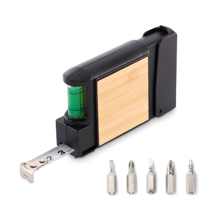 Promotivna višenamjenska mjerna traka s detaljima od bambusa, 3M crne boje | Poslovni pokloni