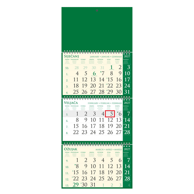 Trodijelni zidni kalendar sa 3 spirale