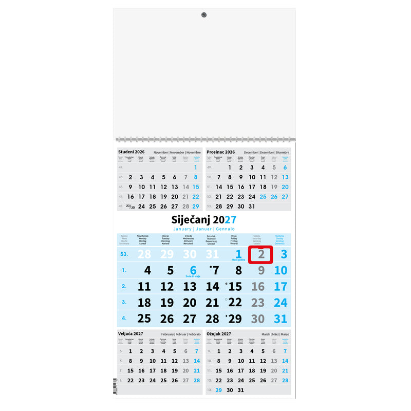Zidni trodijelni kalendar s 5 mjeseci