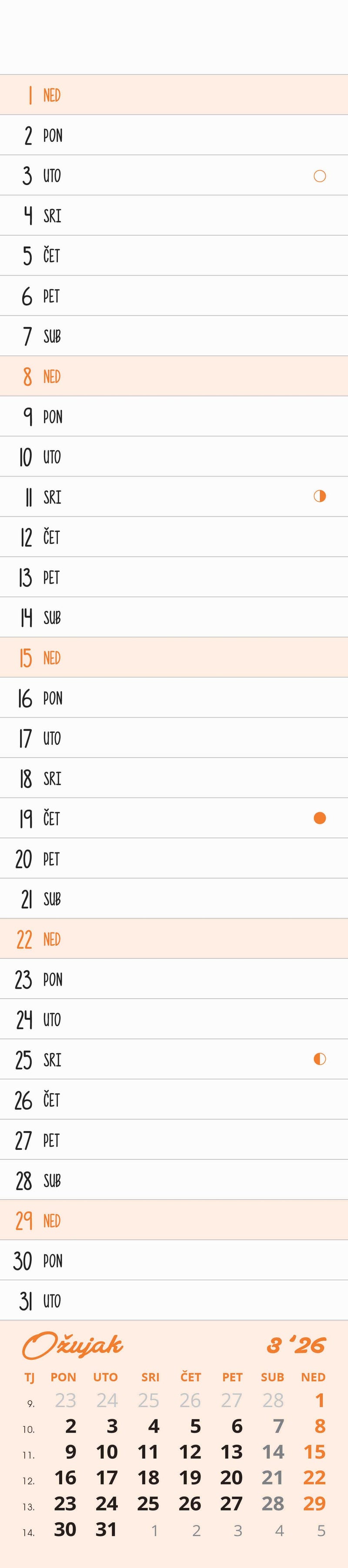 Promotivni uski zidni kalendar