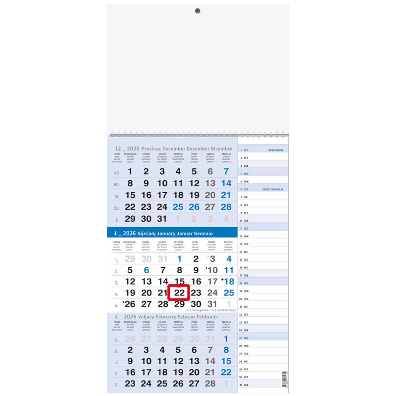 Kalendar zidni trodijelni s planerom