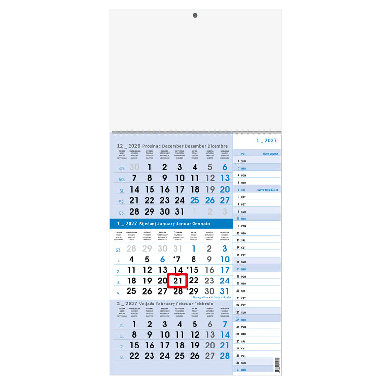 Kalendar zidni trodijelni s planerom