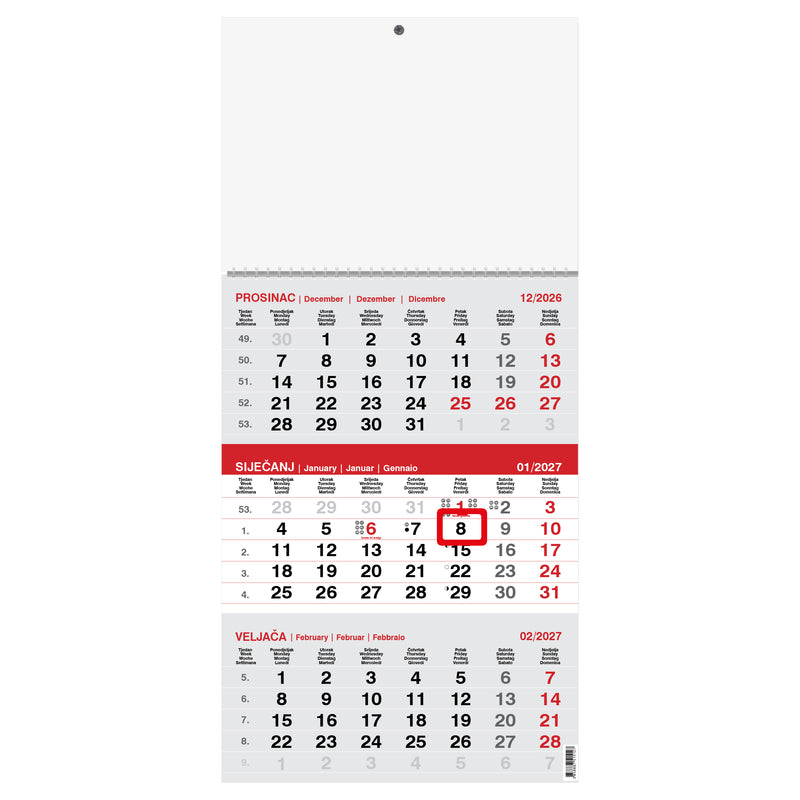 Zidni trodijelni kalendar sivo-crveni