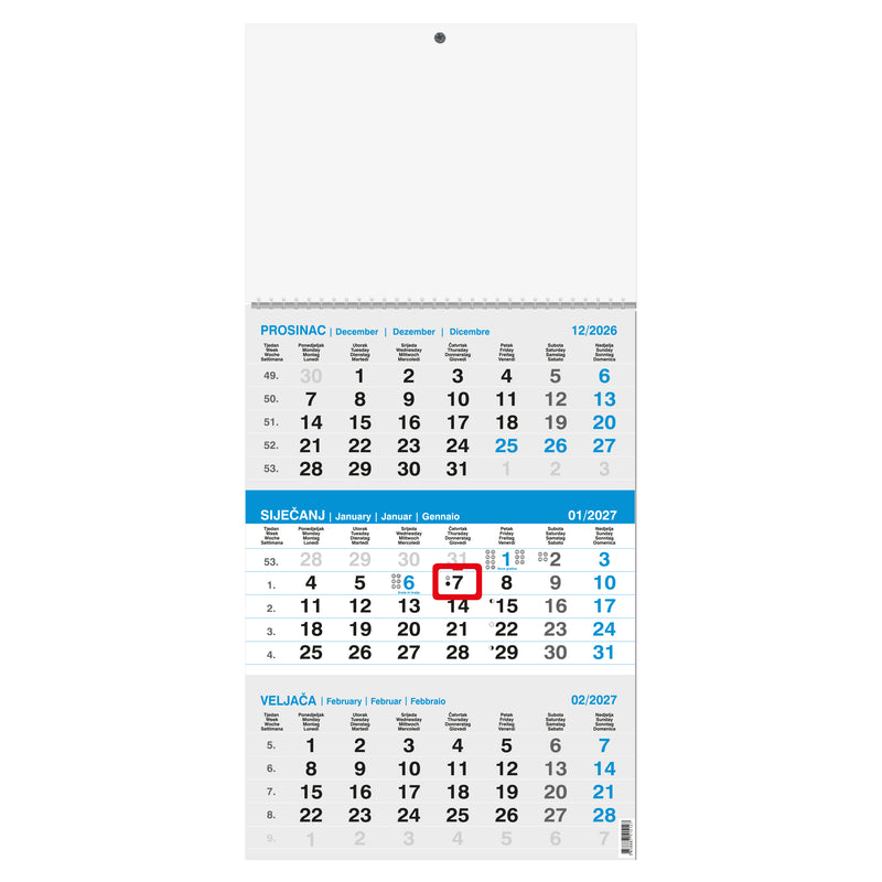 Zidni trodijelni kalendar plavo-sivi