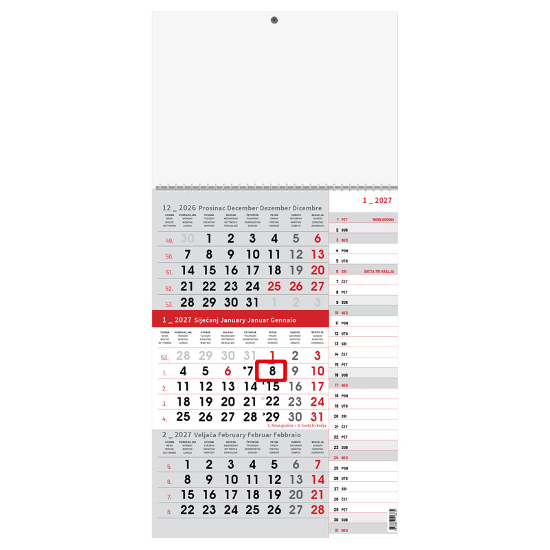 Kalendar zidni trodijelni s planerom