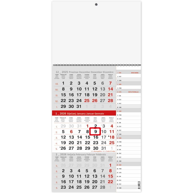 Kalendar zidni trodijelni s planerom