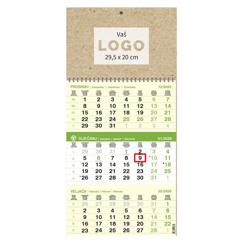 Trodijelni poslovni eko zidni kalendar