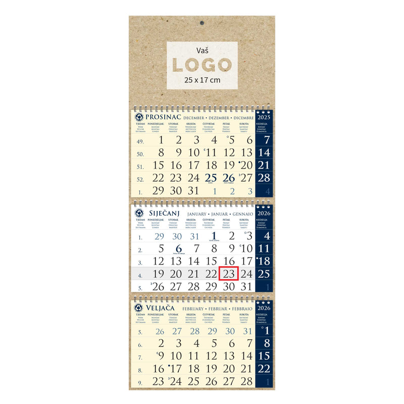 Trodijelni eko zidni kalendar sa 3 spirale