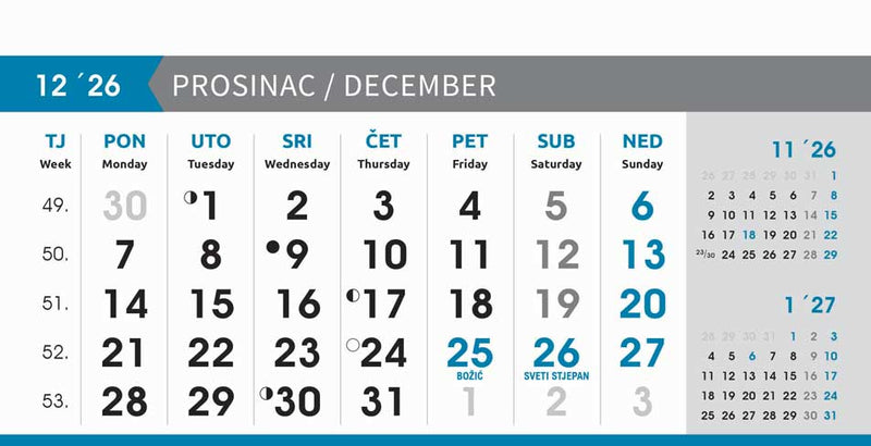 Reklamni stolni kalendar čestitka - poslovni sivo-plavi