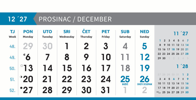 Reklamni stolni kalendar čestitka - poslovni sivo-plavi