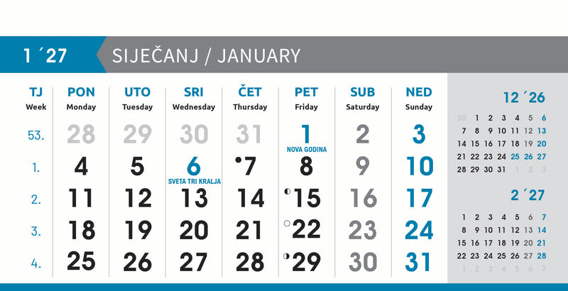 Reklamni stolni kalendar čestitka - poslovni sivo-plavi