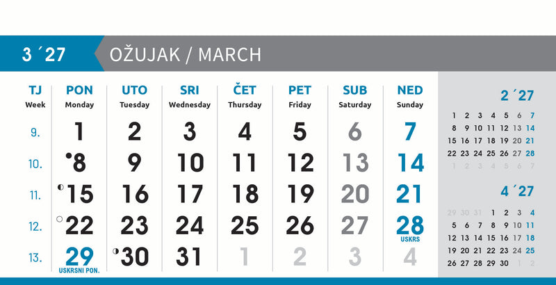 Reklamni stolni kalendar čestitka - poslovni sivo-plavi