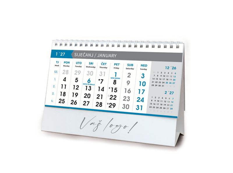 Reklamni stolni kalendar čestitka - poslovni sivo-plavi