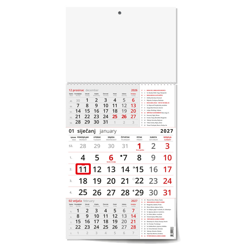 Zidni poslovni trodijelni kalendar s katoličkim kalendarom