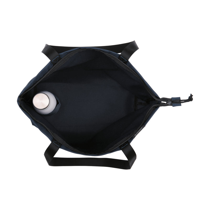 Reklamna torba izrađena od reciklirane tkanine s unutarnjim pretincem za bočicu i zatvaračem, navy plava | Poslovni pokloni