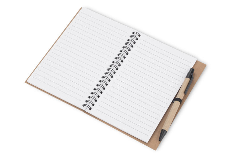 Spiralni eko A5 notes s kartonskim omotom i kemijskom olovkom