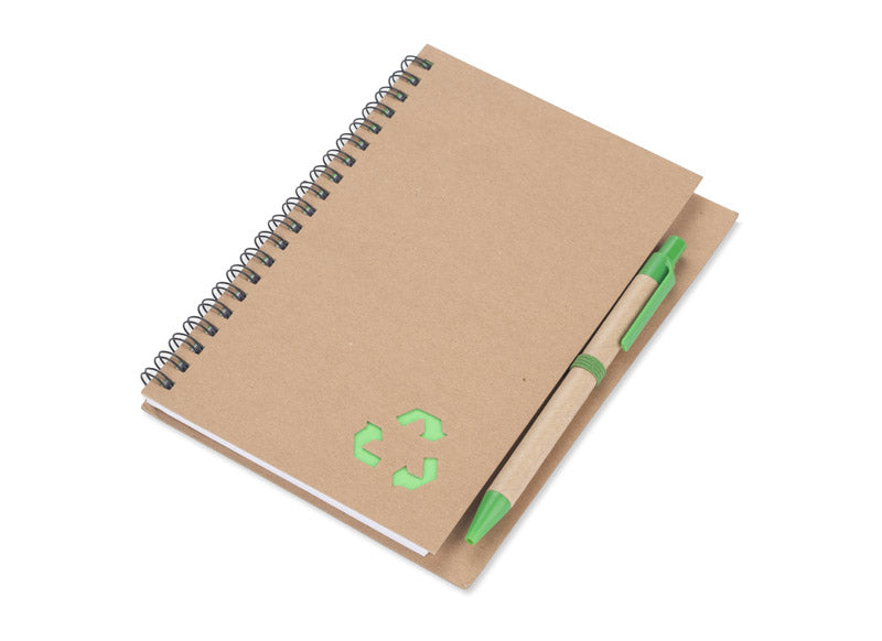 Spiralni eko A5 notes s kartonskim omotom i kemijskom olovkom