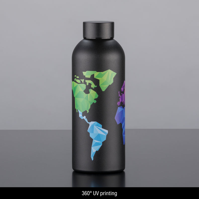 Promotivna termo boca od kvalitetnog nehrđajućeg čelika, crne boje s tiskom | Poslovni pokloni