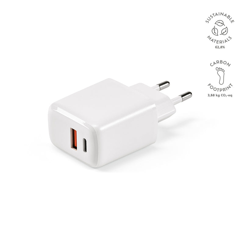 Promotivni zidni punjač izrađen od reciklirane plastike, bijela boja | Poslovni pokloni