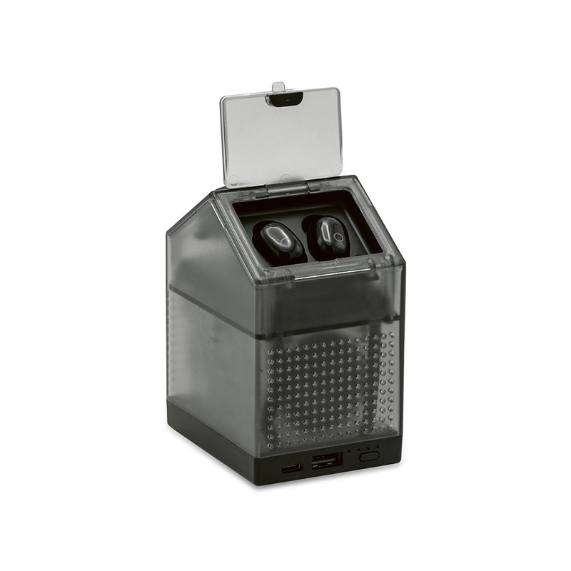 Promotivne 3-u-1 slušalice, zvučnik i powerbank od reciklirane plastike, crna boja | Reklamni pokloni