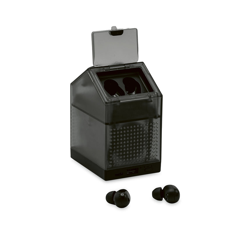 Reklamne 3-u-1 slušalice, zvučnik i powerbank od reciklirane plastike, crna boja | Promidžbeni pokloni