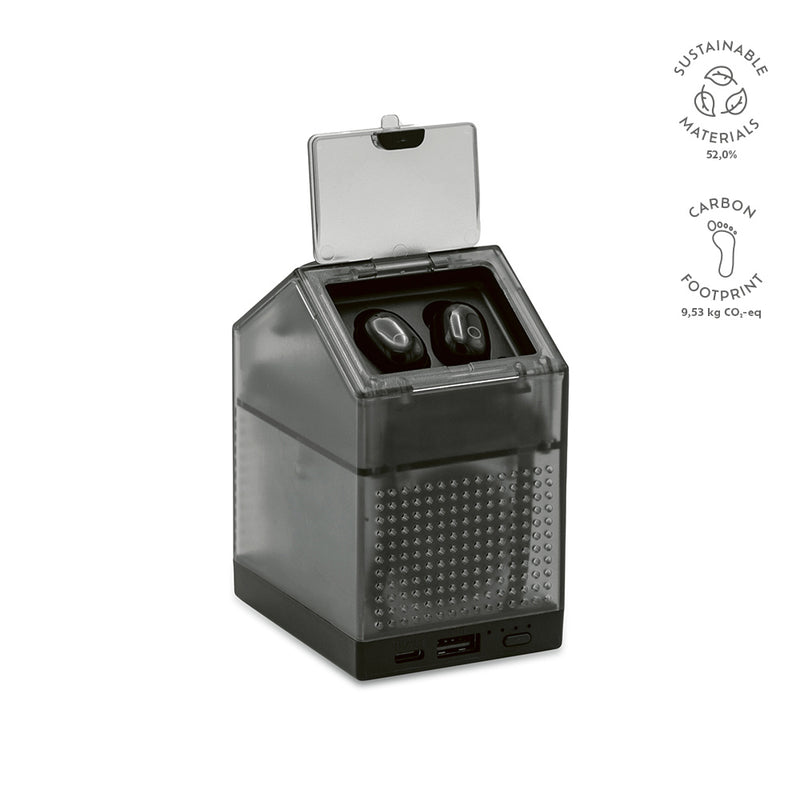 Promotivne 3-u-1 slušalice, zvučnik i powerbank od reciklirane plastike, crna boja | Poslovni pokloni