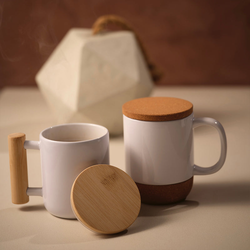 Keramička šalica s bambus poklopcem i ručkom – 380 ml