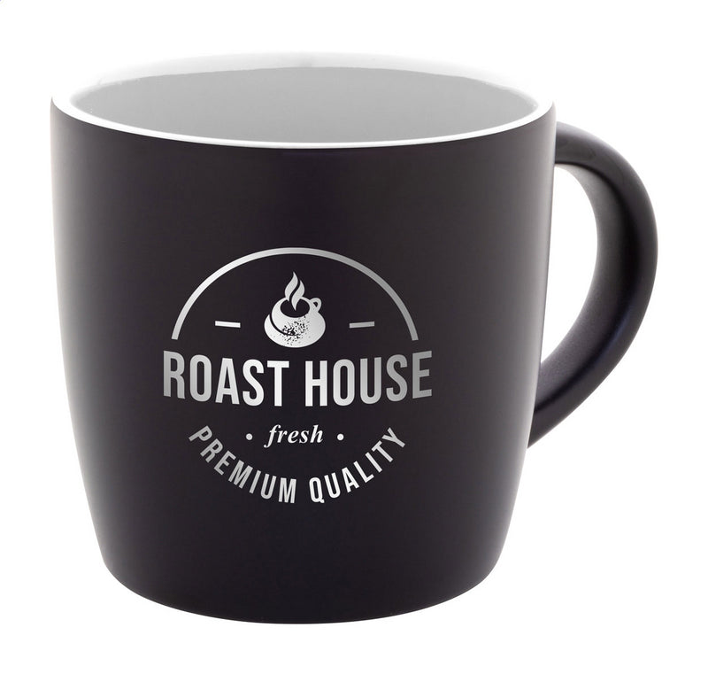 Reklamna crna keramička šalica s obojenom unutrašnjosti i gravurom u boji, 300ml, bijele boje s gravurom | Promotivni pokloni