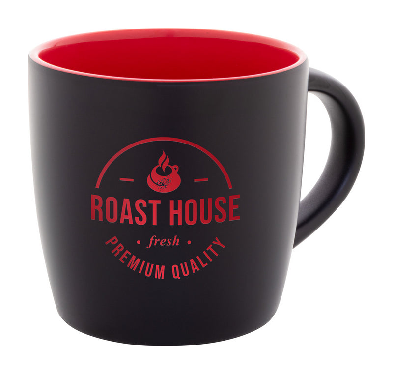 Promotivna crna keramička šalica s obojenom unutrašnjosti i gravurom u boji, 300ml, crvene boje s gravurom | Poslovni pokloni