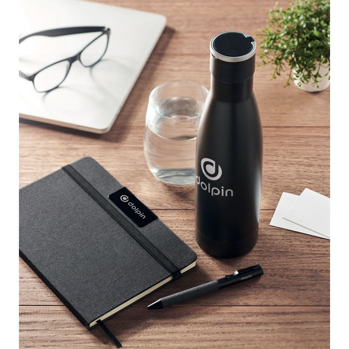 Reklamni luksuzni poklon set s notesom, olovkom i termos bocom s tiskom, crne boje | Promotivni pokloni
