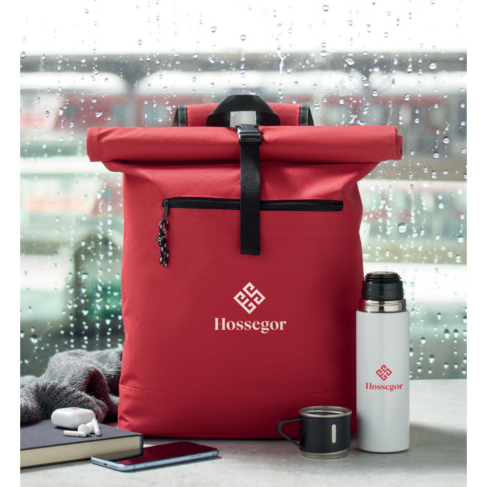 Promotivni rolltop ruksak za laptop 15'' od 600D poliestera, crvene boje s tiskom | Poslovni pokloni