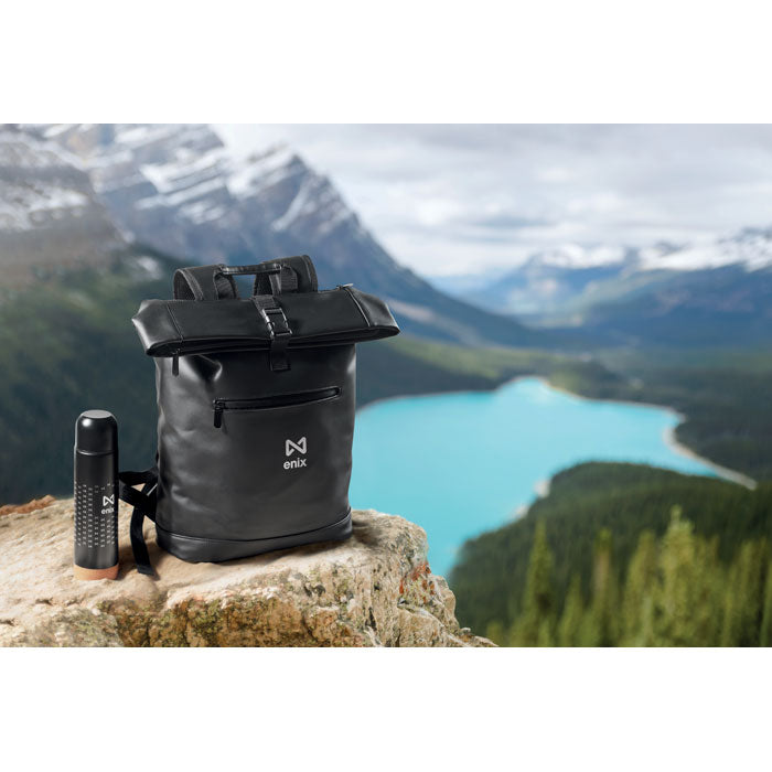 Promotivni rolltop ruksak, crne boje s tiskom | Poslovni pokloni