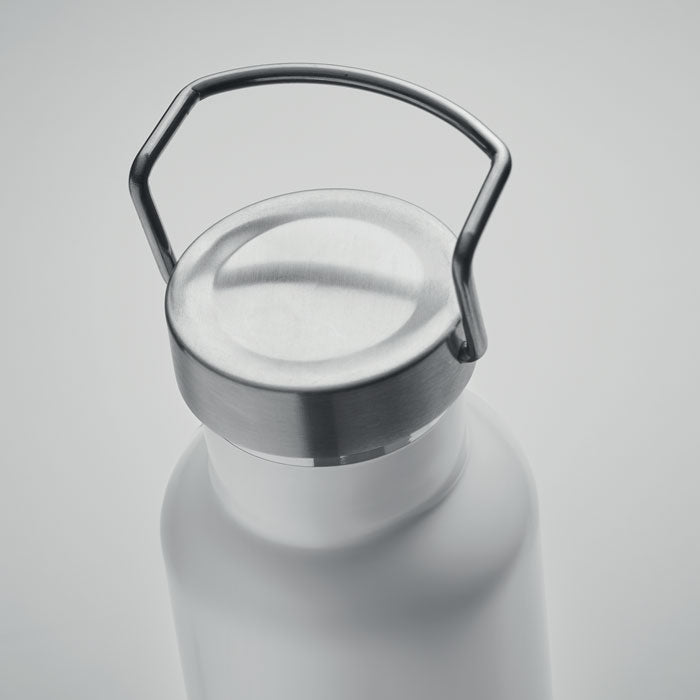 Reklamna dvoslojna vakuumski izolirana boca od recikl. čelika s bazom od pluta, 500ml, bijele boje | Poslovni pokloni