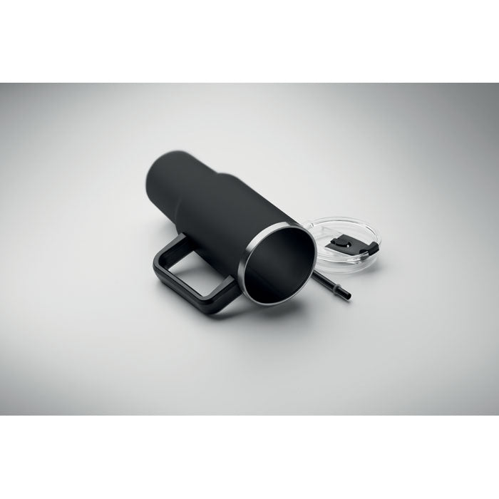 Reklamna dvoslojna putna šalica od recikliranog nehrđajućeg čelika s poklopcem za slamku, 1200ml, crne boje | Promotivni pokloni