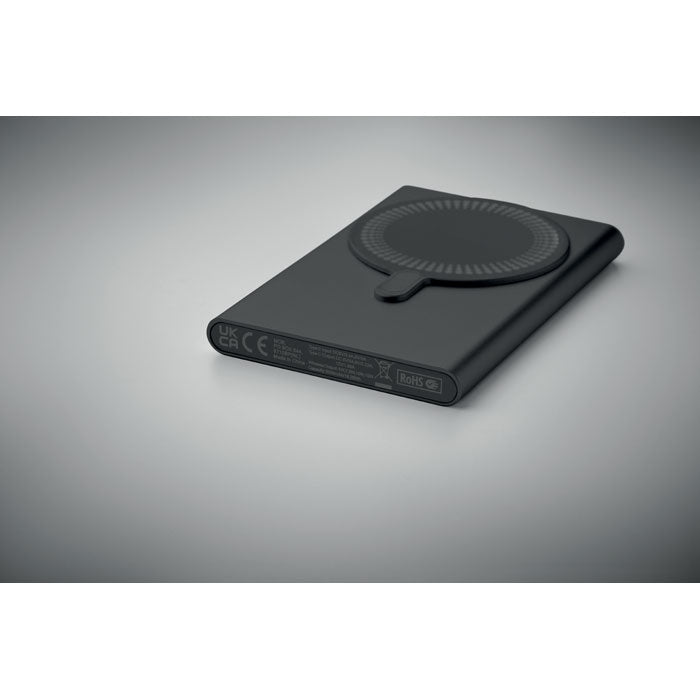 Reklamni magnetski bežični punjač 15W i prijenosna baterija od 5000 mAh, crne boje | Poslovni pokloni