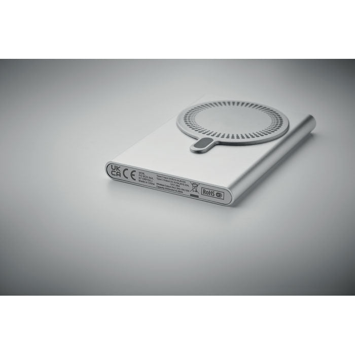Promidžbeni magnetski bežični punjač 15W i prijenosna baterija od 5000 mAh, srebrne boje | Poslovni pokloni