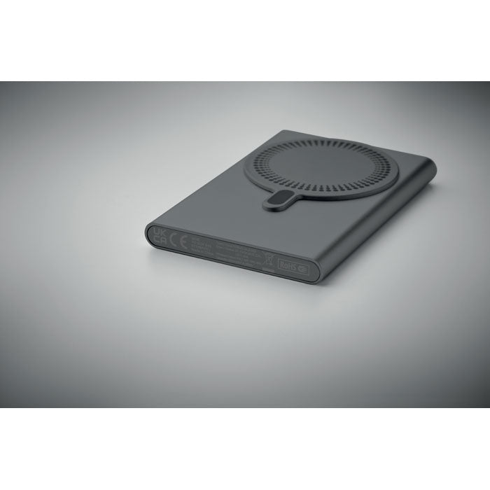 Reklamni magnetski bežični punjač 15W i prijenosna baterija od 5000 mAh, sive boje | Poslovni pokloni