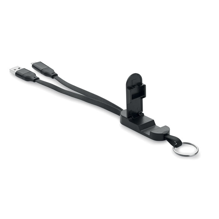 Promidžbeni kabel od 60 W s privjeskom za ključeve i stalkom za telefon, crne boje | Reklamni pokloni