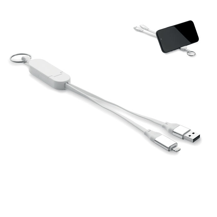 Promotivni kabel od 60 W s privjeskom za ključeve i stalkom za telefon, bijele boje | Poslovni pokloni