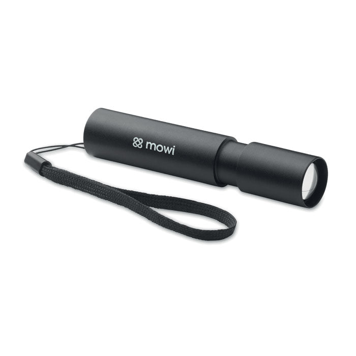 Reklamna punjiva aluminijska svjetiljka s opcijom zumiranja, crne boje s tiskom | Poslovni pokloni