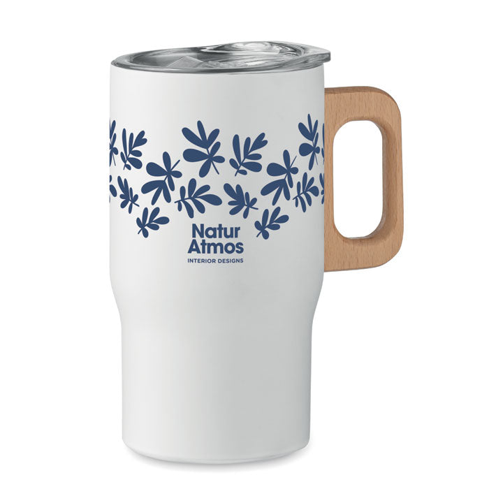 Promotivna dvoslojna putna šalica s drvenom ručkom, 350ml, bijele boje s tiskom | Poslovni pokloni