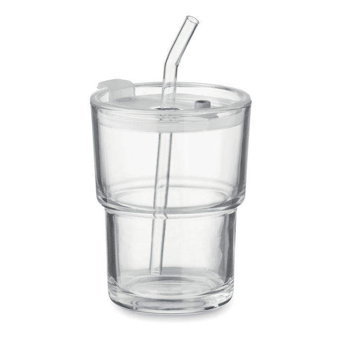 Promotivna staklena čaša s poklopcem i slamkom, 400ml transparentne boje | Poslovni pokloni