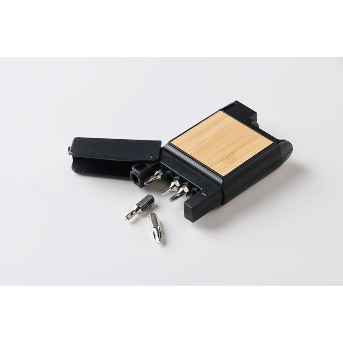 Promo višenamjenska mjerna traka s detaljima od bambusa, 3M crne boje | Poslovni pokloni