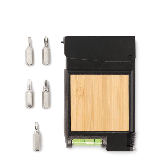 Promo višenamjenska mjerna traka s detaljima od bambusa, 3M crne boje | Poslovni pokloni | Reklamni pokloni