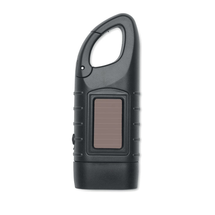 Reklamna ručna dinamo svjetiljka sa solarnim panelom, crne boje | Poslovni pokloni